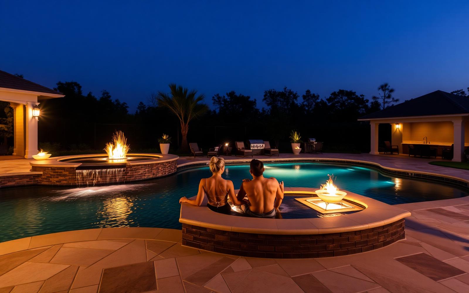 Couple relaxing in a custom Wahoo Pools spa at night with fire bowls