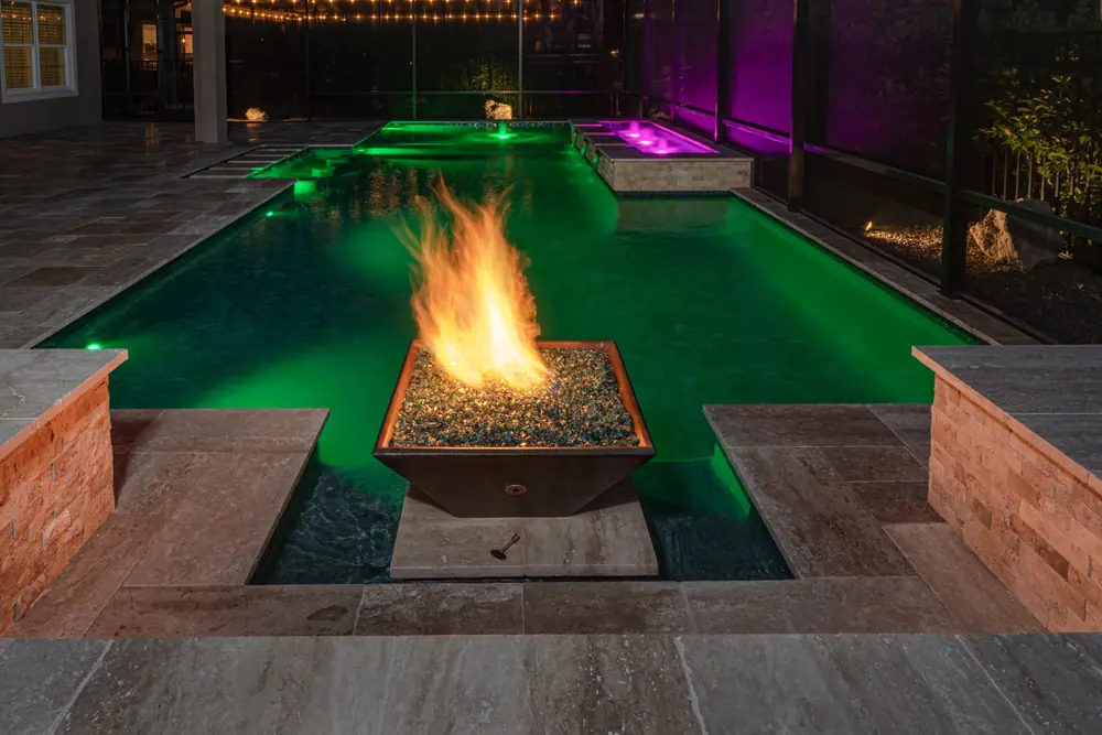 Night lighting detail — Tequila Sunrise custom pool project by Wahoo Pools in Tampa Bay, FL
