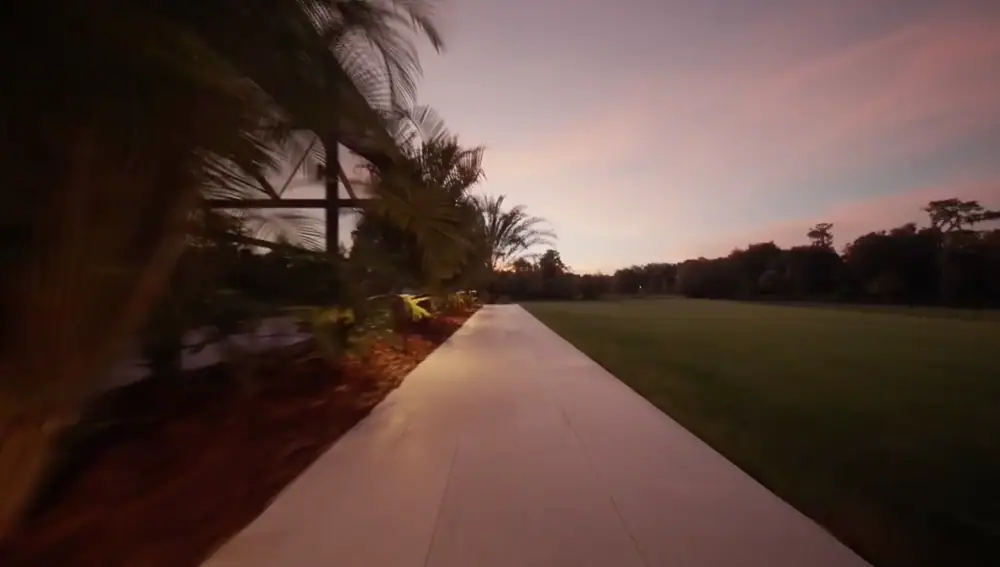Twilight Lanai Estate — landscaped walkway along the screen enclosure at sunset — Wahoo Pools project in Tampa, FL